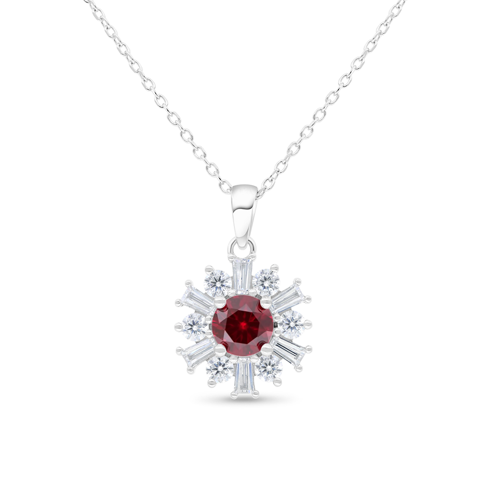 Sterling Silver 925 Necklace Rhodium Plated Embedded With Ruby Corundum And White Zircon