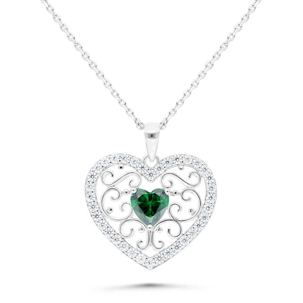 Sterling Silver 925 Necklace Rhodium Plated Embedded With Emerald Zircon And White Zircon