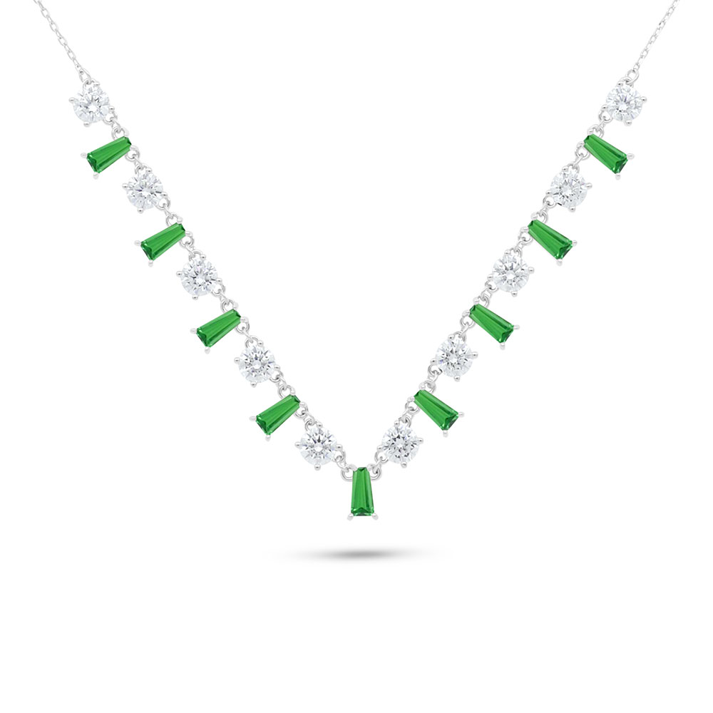 Sterling Silver 925 Necklace Rhodium Plated Embedded With Emerald Zircon And White Zircon