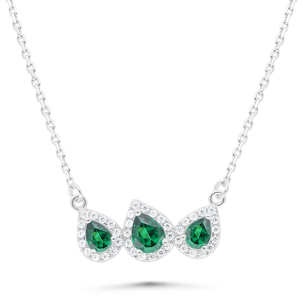 Sterling Silver 925 Necklace Rhodium Plated Embedded With Emerald Zircon And White Zircon