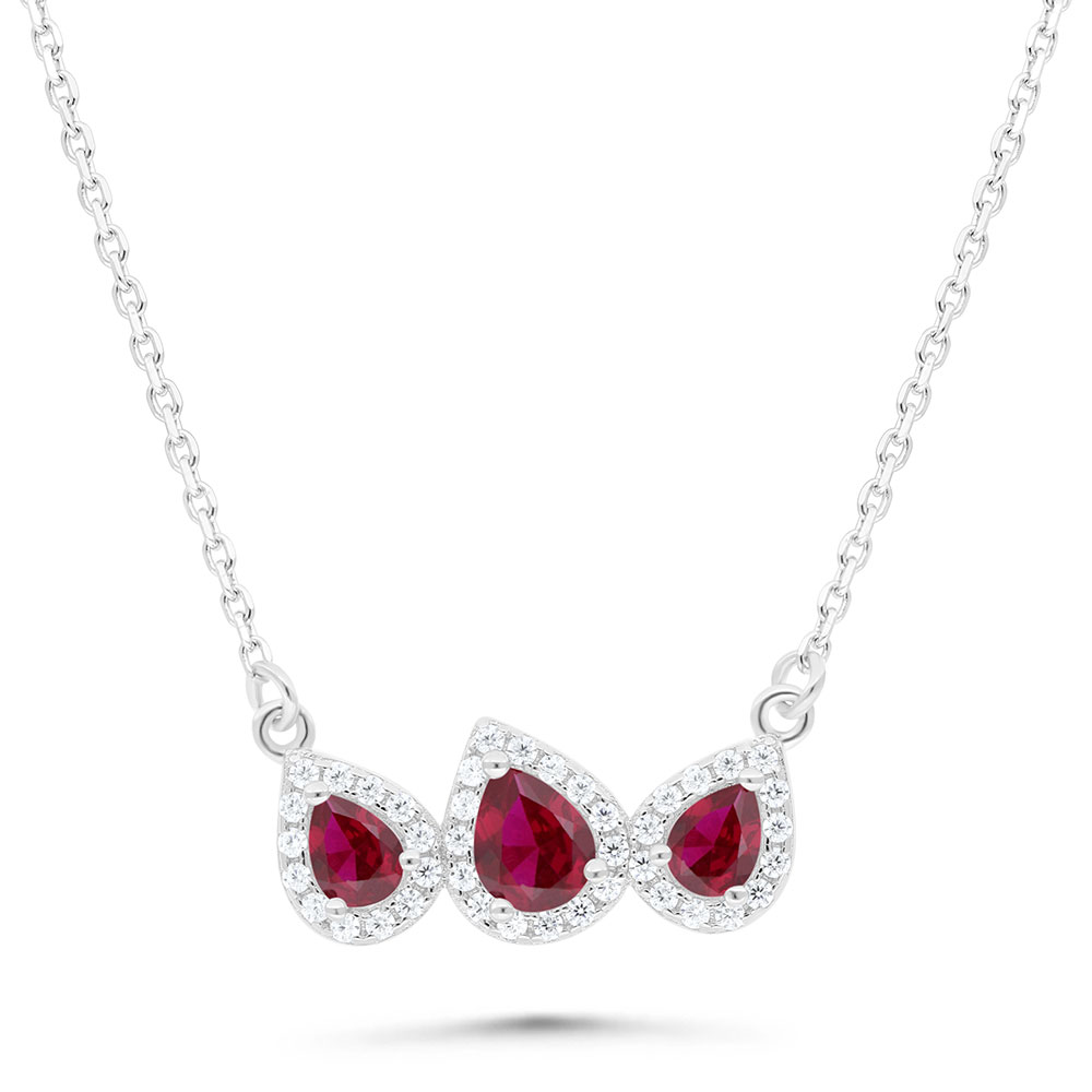 Sterling Silver 925 Necklace Rhodium Plated Embedded With Ruby Corundum And White Zircon