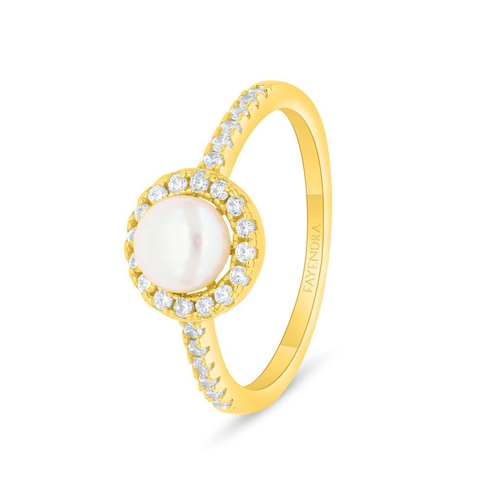 Sterling Silver 925 Ring Golden Plated Embedded With White Shell Pearl And White Zircon