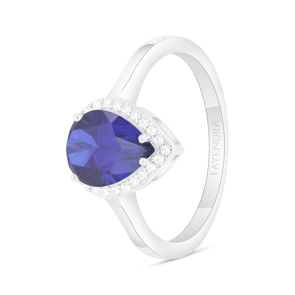 Sterling Silver 925 Ring Rhodium Plated Embedded With Sapphire Corundum And White Zircon