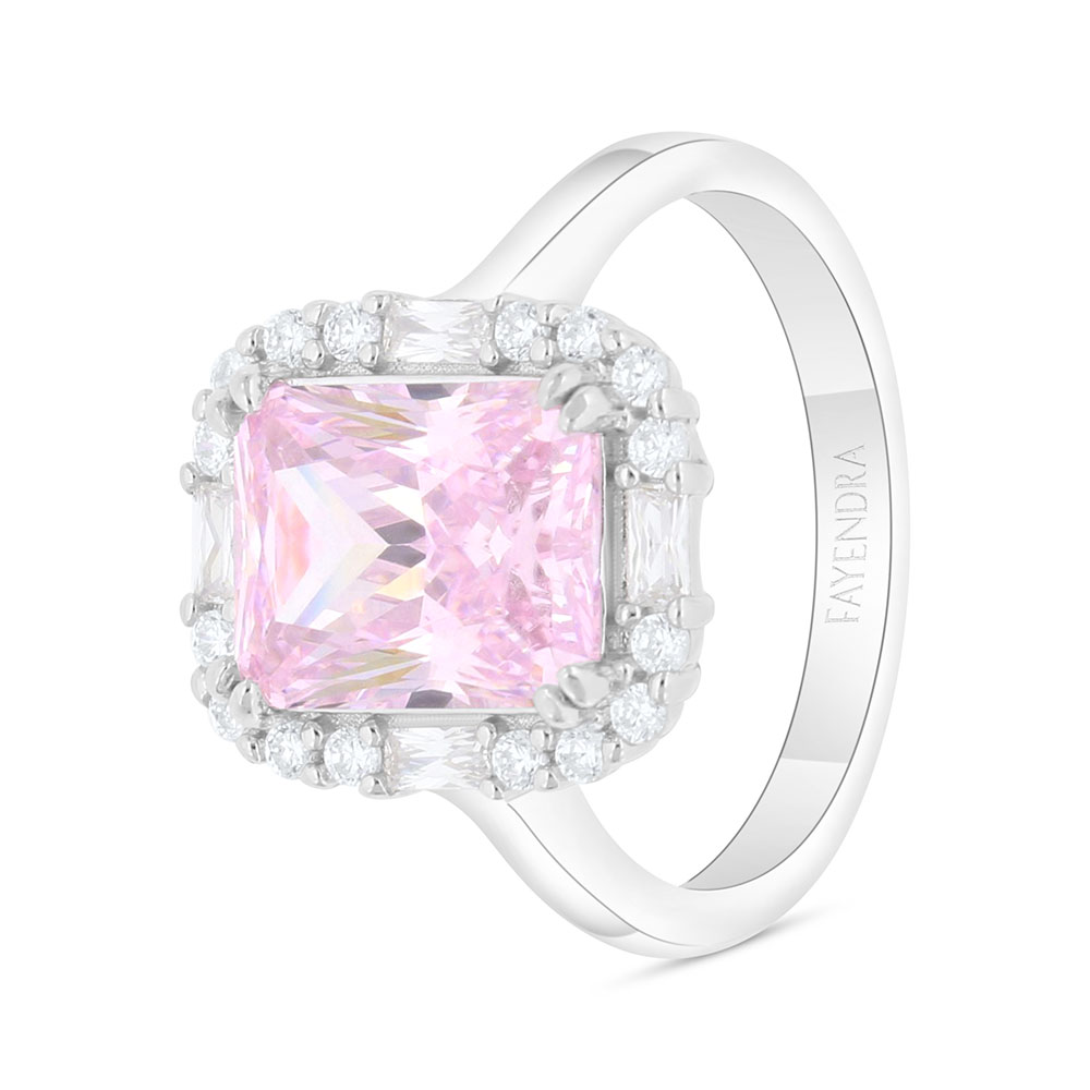 Sterling Silver 925 Ring Rhodium Plated Embedded With Pink Zircon And White Zircon