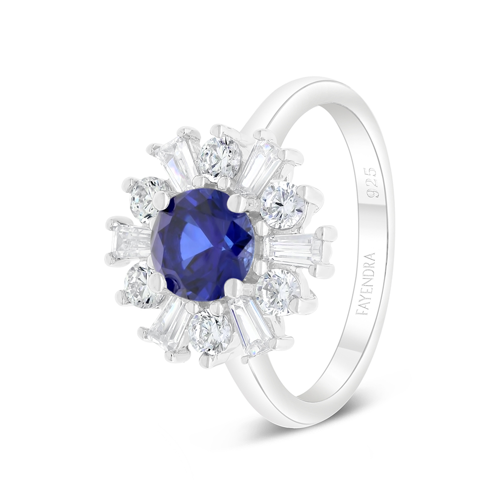 Sterling Silver 925 Ring Rhodium Plated Embedded With Sapphire Corundum And White Zircon