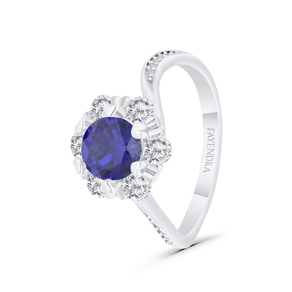 Sterling Silver 925 Ring Rhodium Plated Embedded With Sapphire Corundum And White Zircon