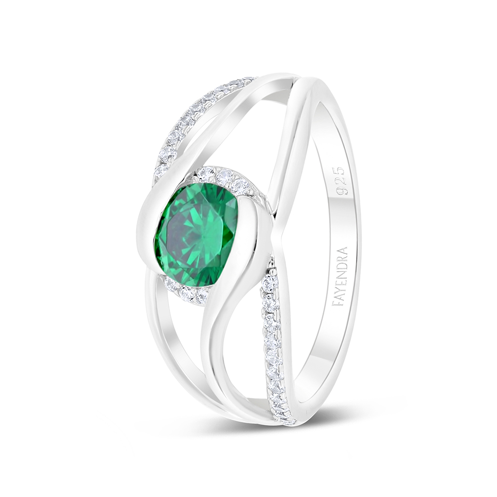 Sterling Silver 925 Ring Rhodium Plated Embedded With Emerald Zircon And White Zircon