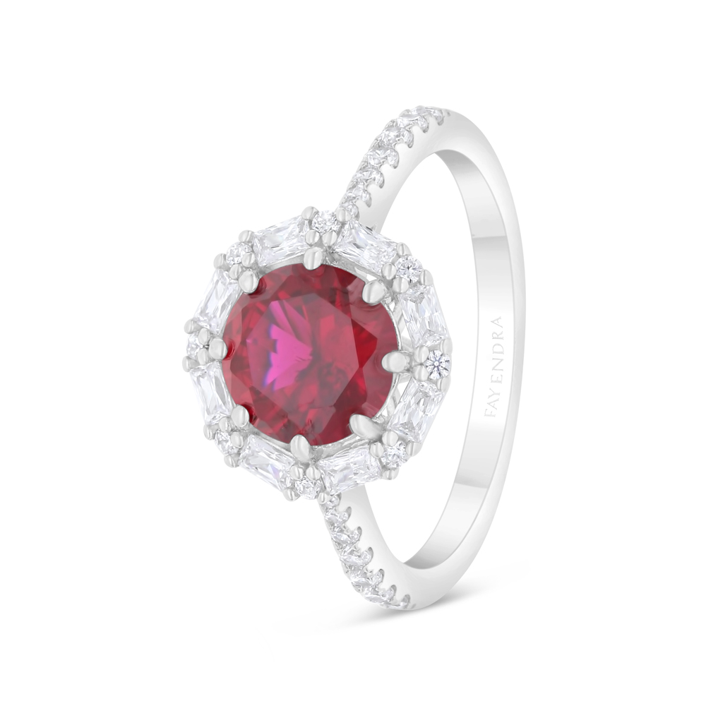 Sterling Silver 925 Ring Rhodium Plated Embedded With Ruby Corundum And White Zircon