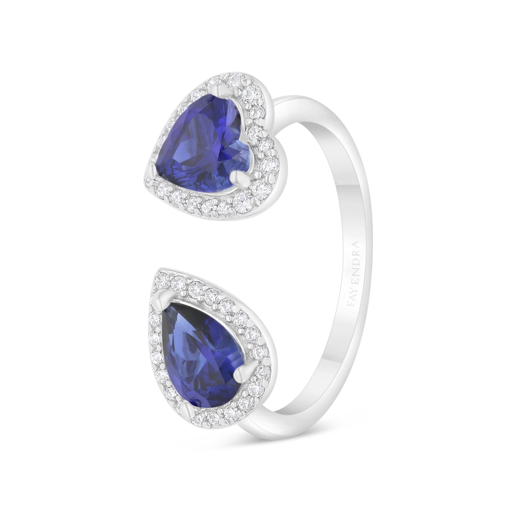 Sterling Silver 925 Ring Rhodium Plated Embedded With Sapphire Corundum And White Zircon