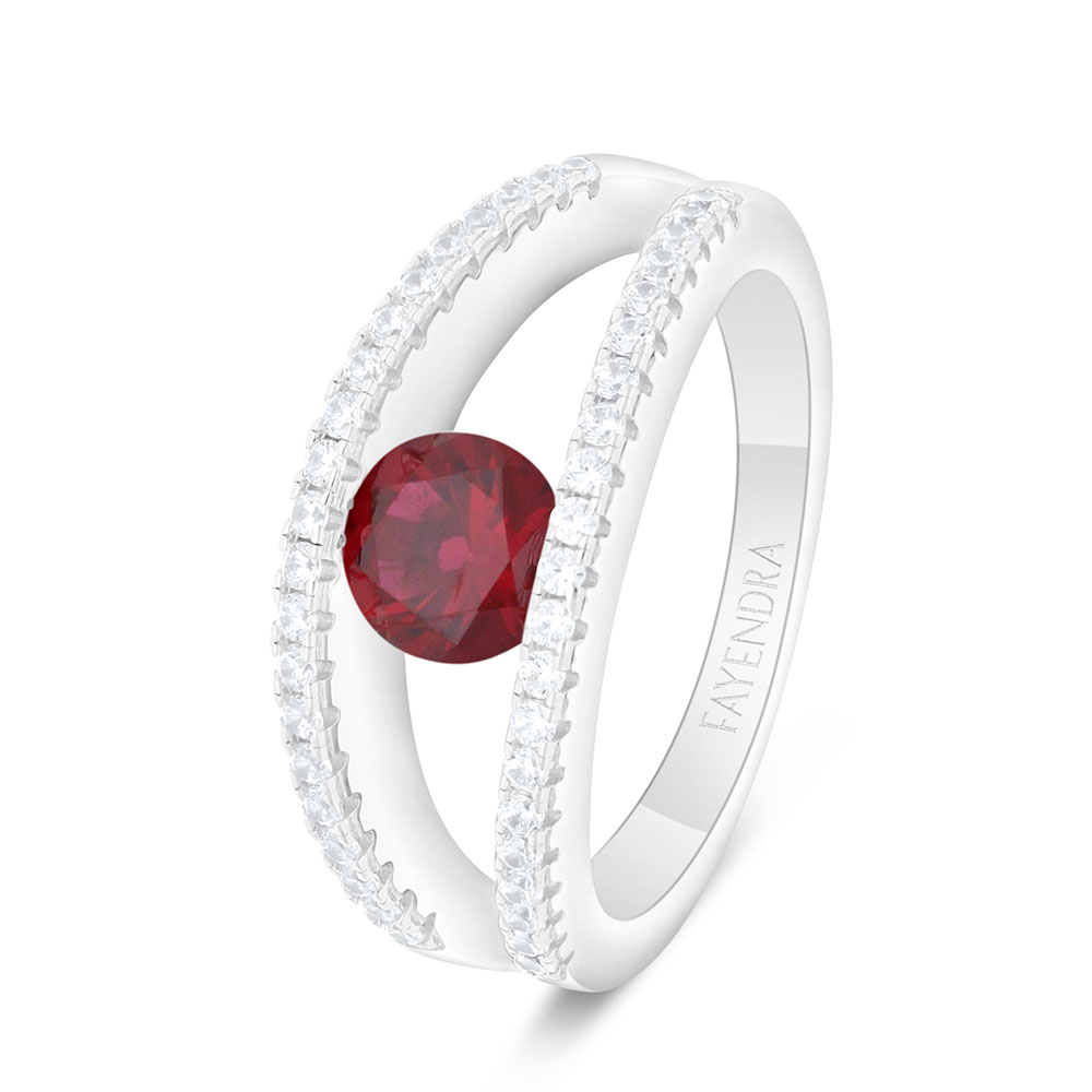 Sterling Silver 925 Ring Rhodium Plated Embedded With Ruby Corundum And White Zircon