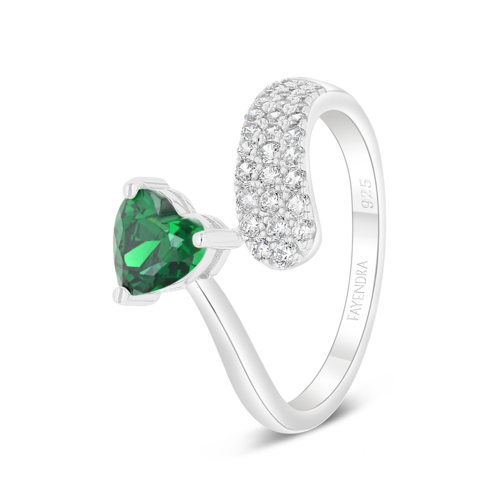 Sterling Silver 925 Ring Rhodium Plated Embedded With Emerald Zircon And White Zircon