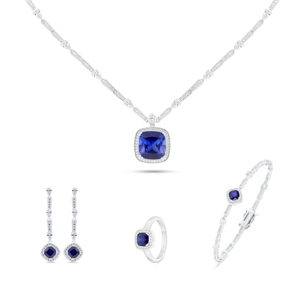 Sterling Silver 925 SET Rhodium Plated Embedded With Sapphire CorundumAnd White Zircon