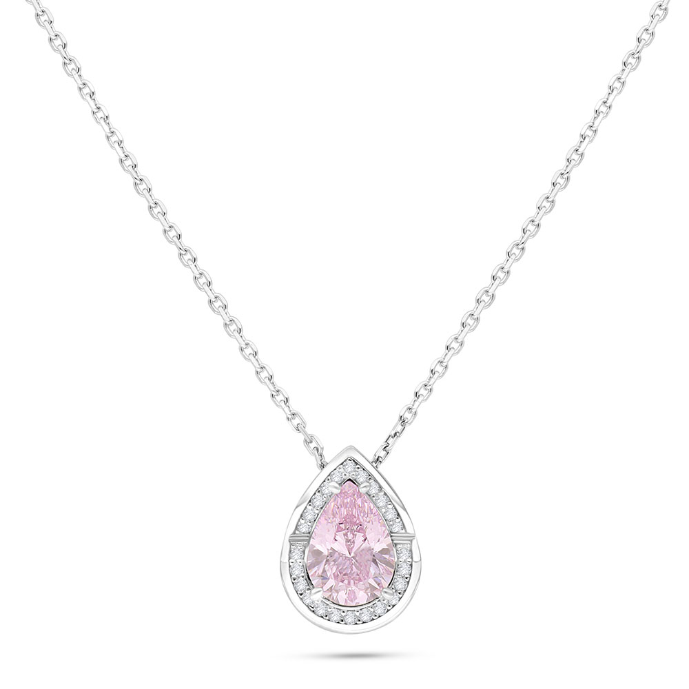 Sterling Silver 925 Necklace Rhodium Plated Embedded With pink Zircon And White Zircon