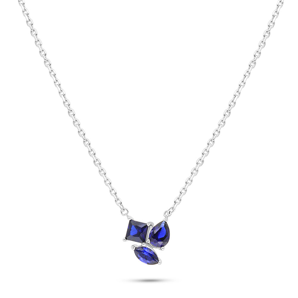 Sterling Silver 925 Necklace Rhodium Plated Embedded With Sapphire Corundum And White Zircon