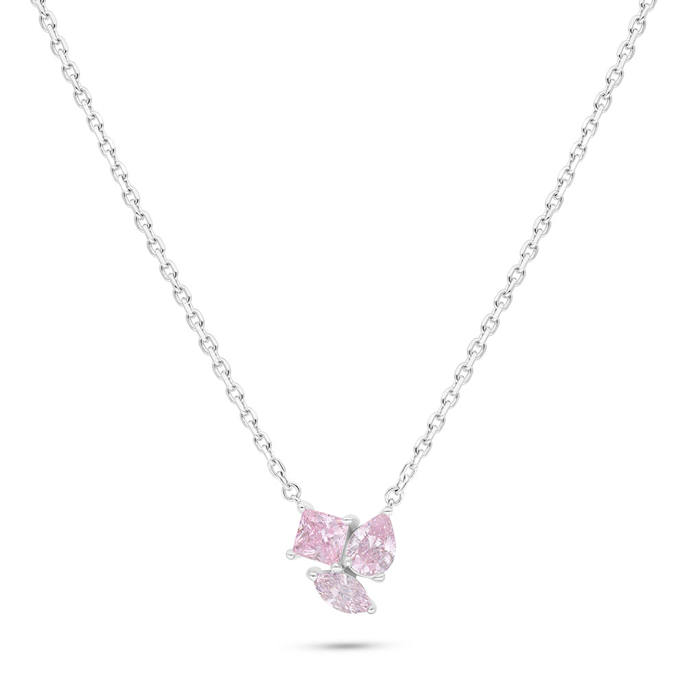 Sterling Silver 925 Necklace Rhodium Plated Embedded With pink Zircon And White Zircon