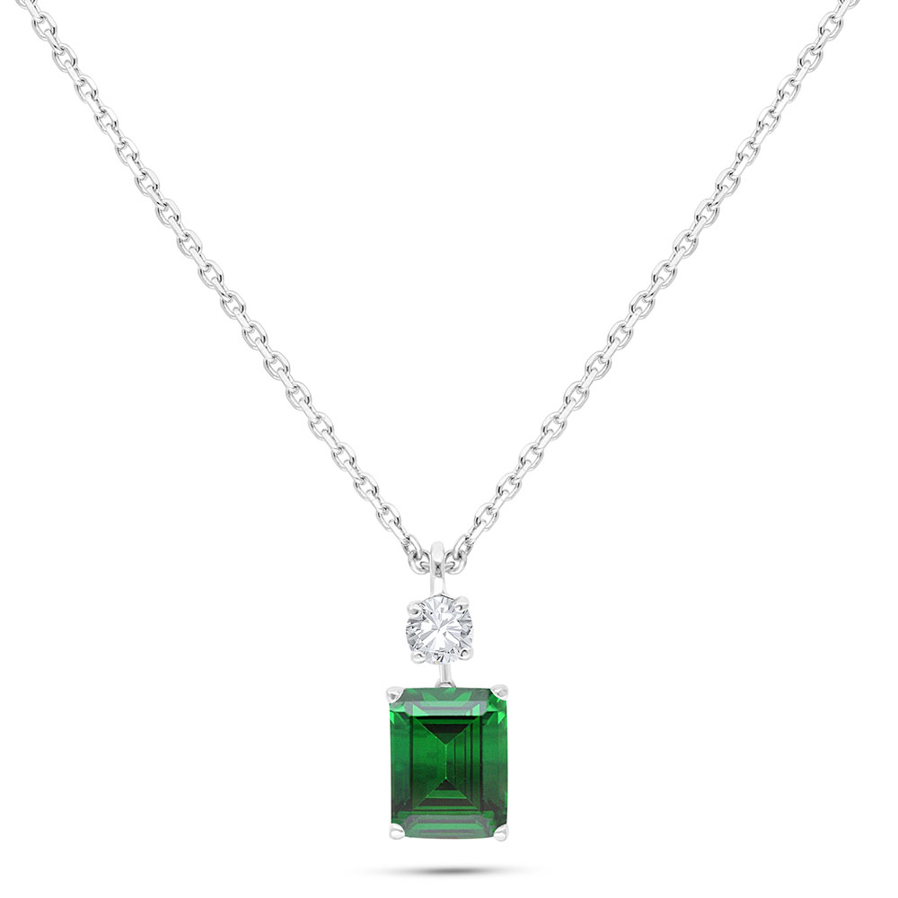 Sterling Silver 925 Necklace Rhodium Plated Embedded With Emerald Zircon And White Zircon