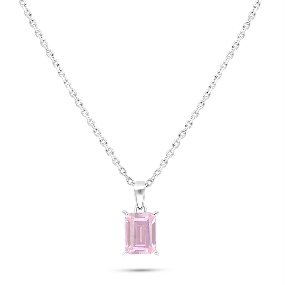 Sterling Silver 925 Necklace Rhodium Plated Embedded With pink Zircon And White Zircon