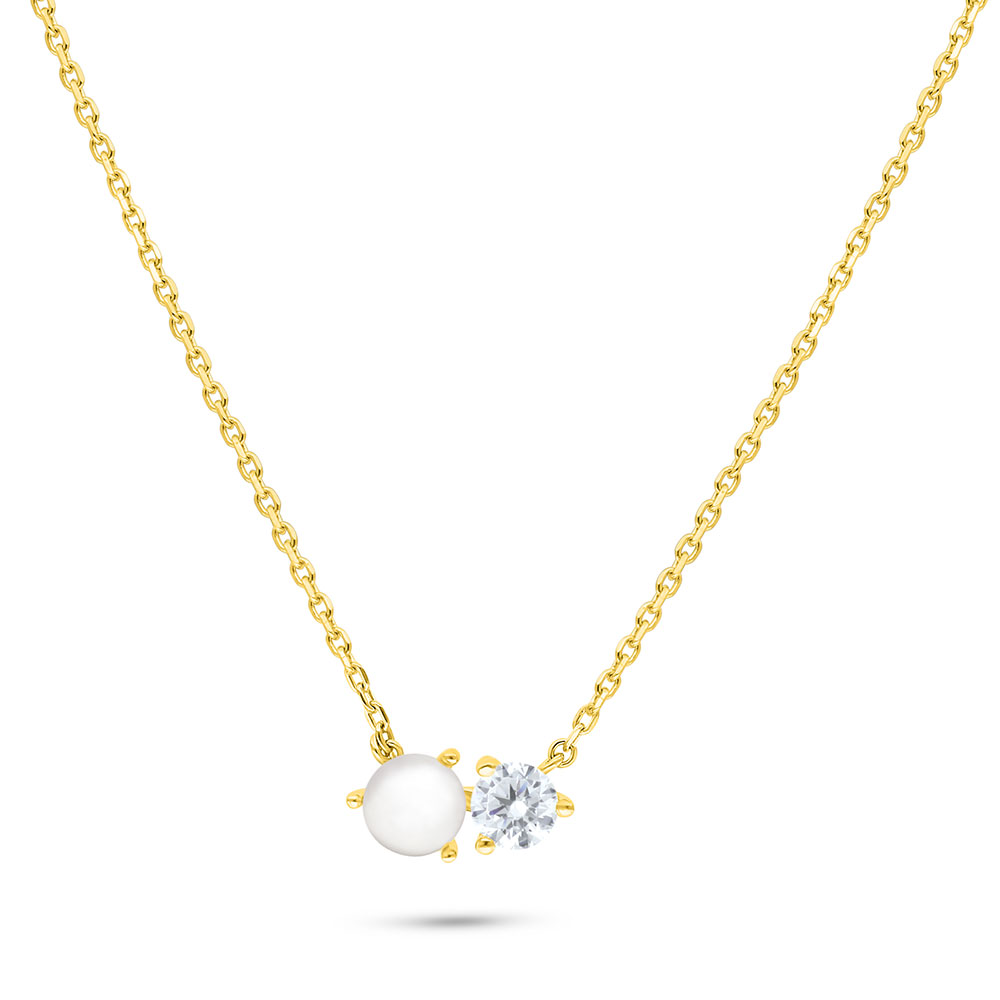 Sterling Silver 925 Necklace Golden Plated Embedded With White Shell Pearl And White Zircon