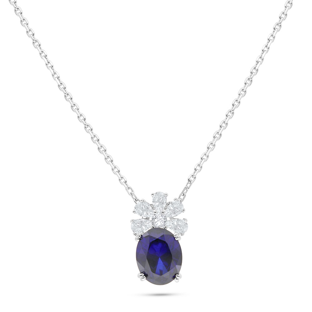 Sterling Silver 925 Necklace Rhodium Plated Embedded With Sapphire Corundum And White Zircon