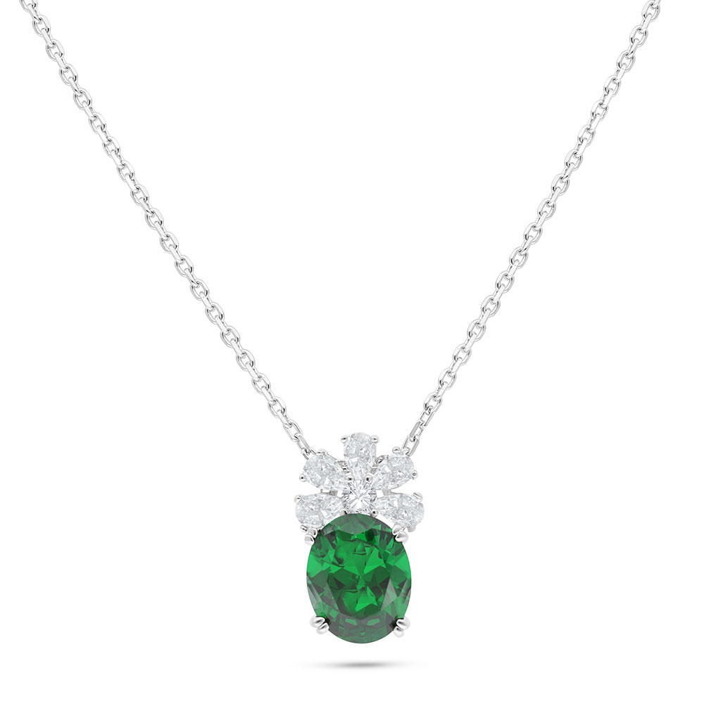 Sterling Silver 925 Necklace Rhodium Plated Embedded With Emerald Zircon And White Zircon