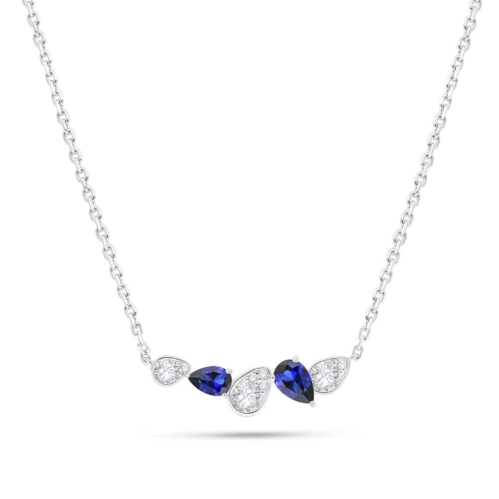 Sterling Silver 925 Necklace Rhodium Plated Embedded With Sapphire Corundum And White Zircon