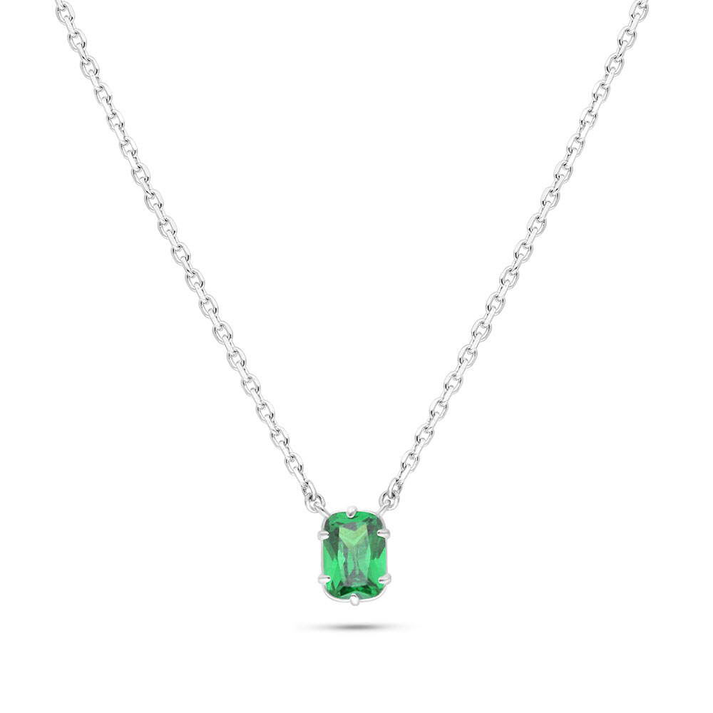 Sterling Silver 925 Necklace Rhodium Plated Embedded With Emerald Zircon 