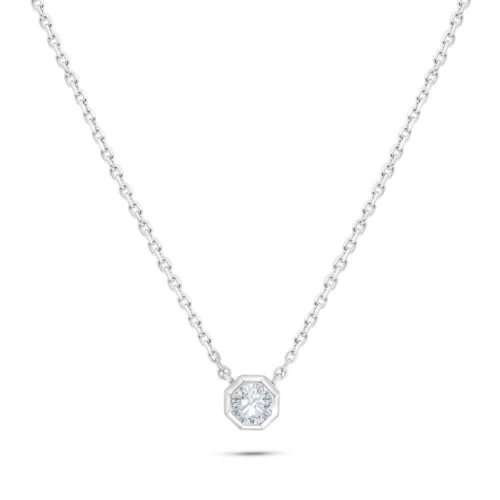 Sterling Silver 925 Necklace Rhodium Plated Embedded With White Zircon