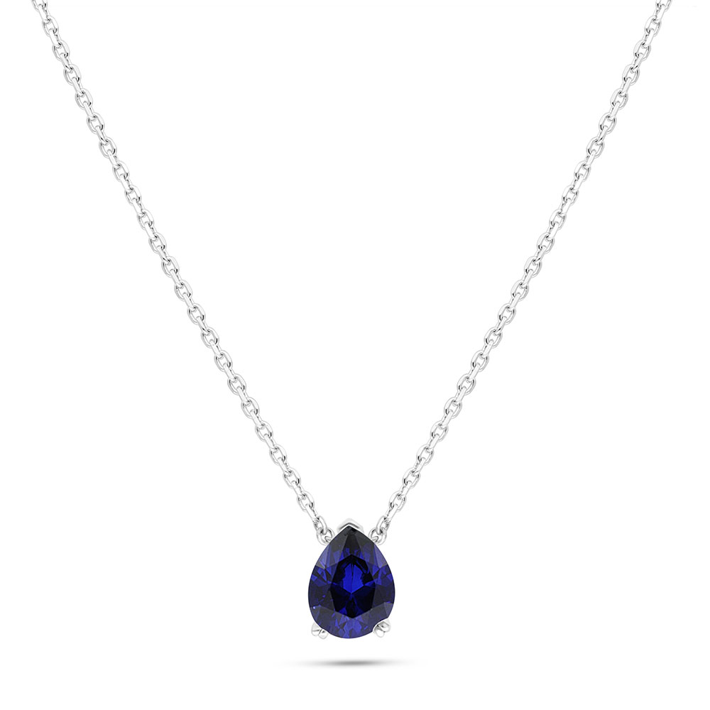 Sterling Silver 925 Necklace Rhodium Plated Embedded With Sapphire Corundum 