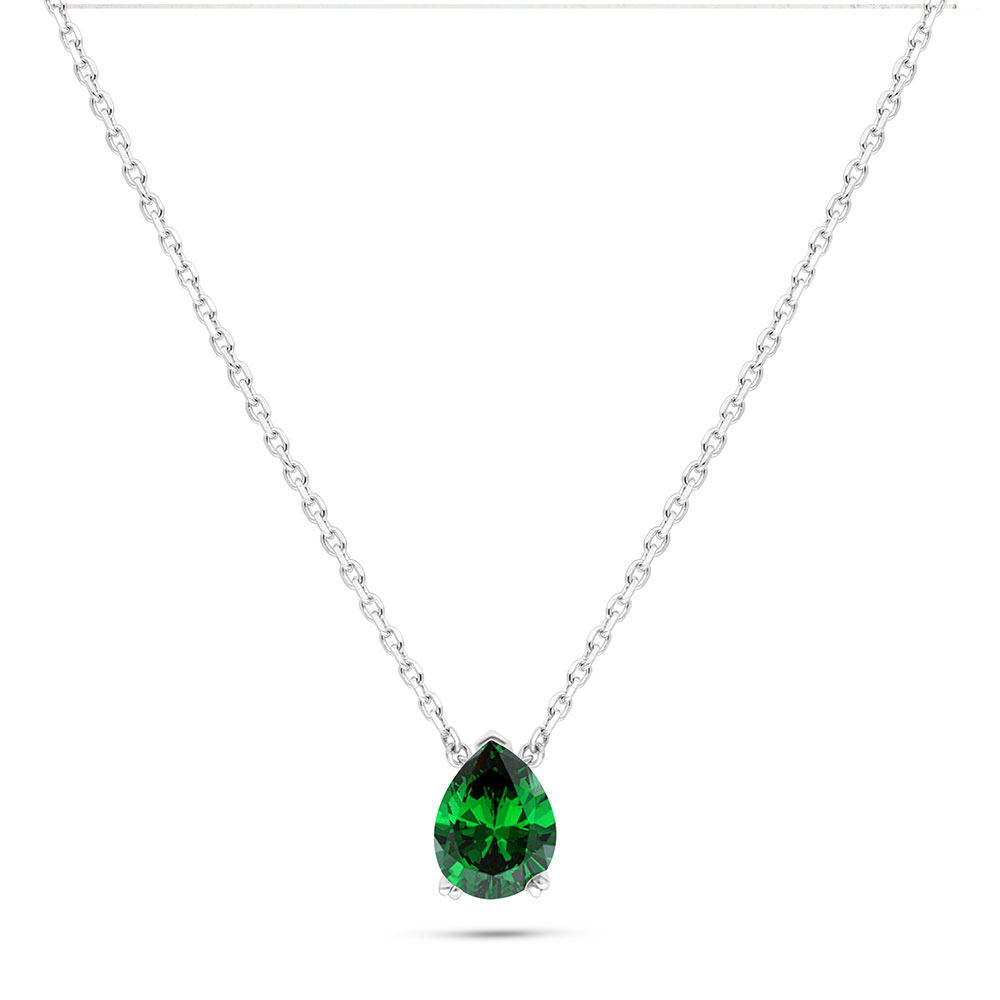 Sterling Silver 925 Necklace Rhodium Plated Embedded With Emerald Zircon 