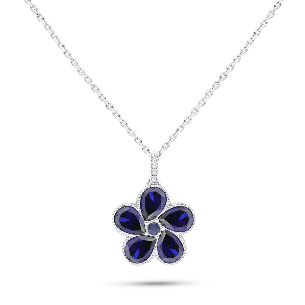 Sterling Silver 925 Necklace Rhodium Plated Embedded With Sapphire Corundum And White Zircon