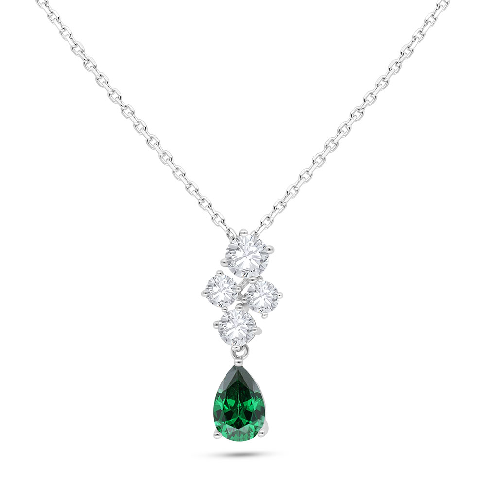 Sterling Silver 925 Necklace Rhodium Plated Embedded With Emerald Zircon And White Zircon