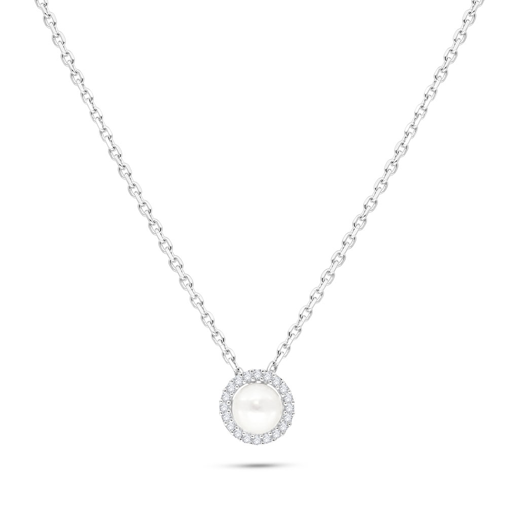 Sterling Silver 925 Necklace Rhodium Plated Embedded With White Shell Pearl And White Zircon