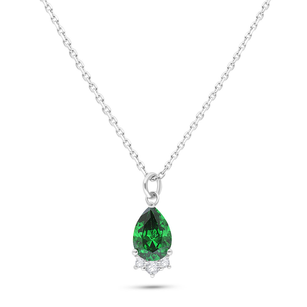 Sterling Silver 925 Necklace Rhodium Plated Embedded With Emerald Zircon And White Zircon