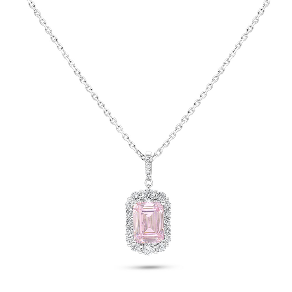 Sterling Silver 925 Necklace Rhodium Plated Embedded With pink Zircon And White Zircon