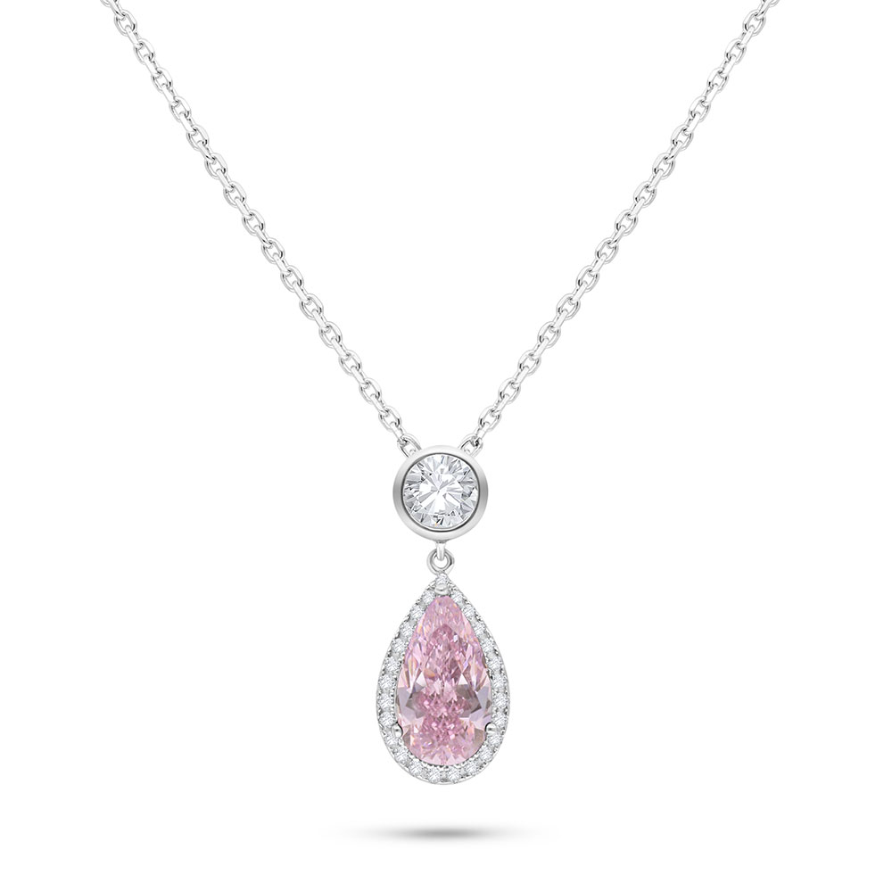 Sterling Silver 925 Necklace Rhodium Plated Embedded With pink Zircon And White Zircon