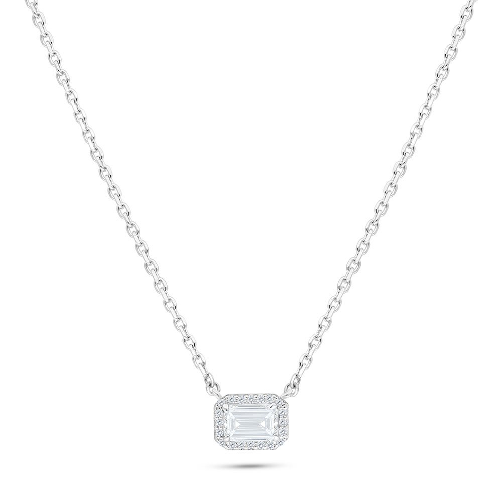 Sterling Silver 925 Necklace Rhodium Plated Embedded With White Zircon