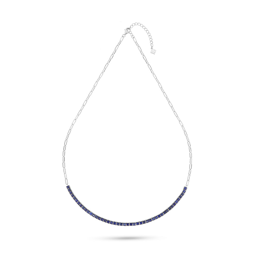 Sterling Silver 925 Necklace Rhodium Plated Embedded With Sapphire Corundum And White Zircon