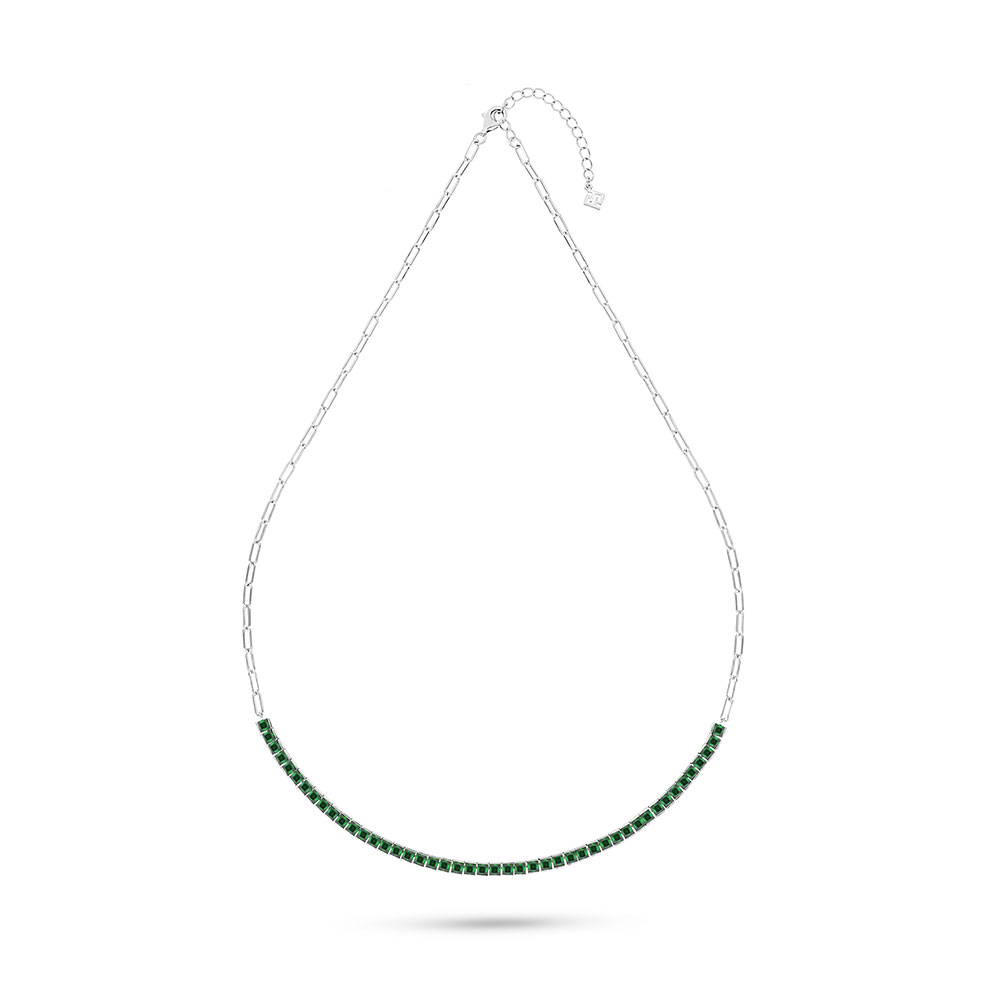 Sterling Silver 925 Necklace Rhodium Plated Embedded With Emerald Zircon And White Zircon