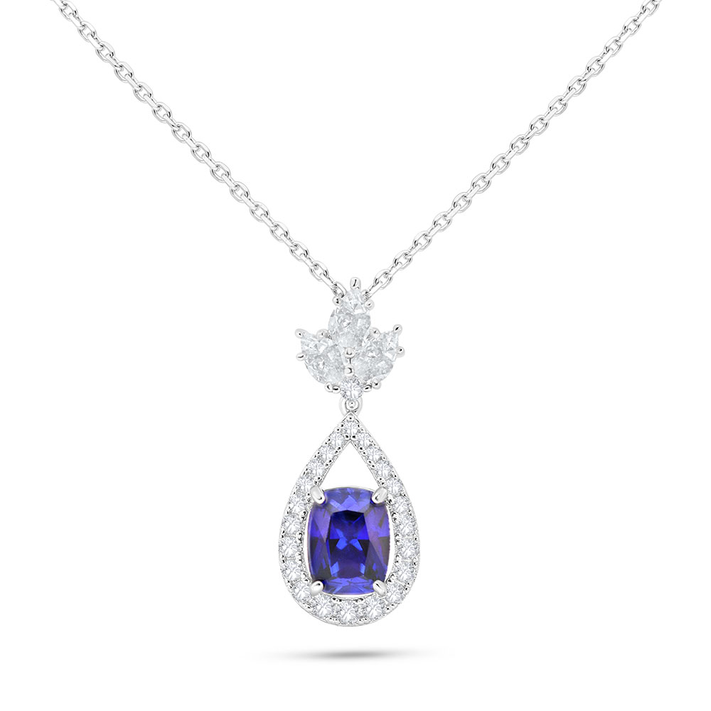 Sterling Silver 925 Necklace Rhodium Plated Embedded With Sapphire Corundum And White Zircon