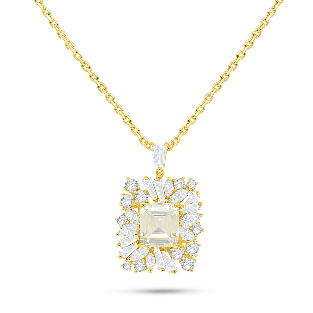 Sterling Silver 925 Necklace Golden Plated Embedded With Yellow Diamond And White Zircon