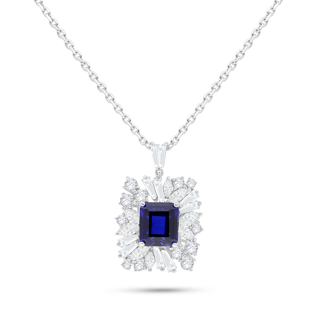 Sterling Silver 925 Necklace Rhodium Plated Embedded With Sapphire Corundum And White Zircon