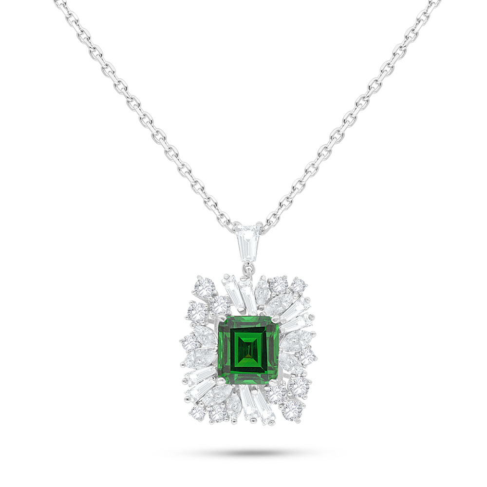 Sterling Silver 925 Necklace Rhodium Plated Embedded With Emerald Zircon And White Zircon