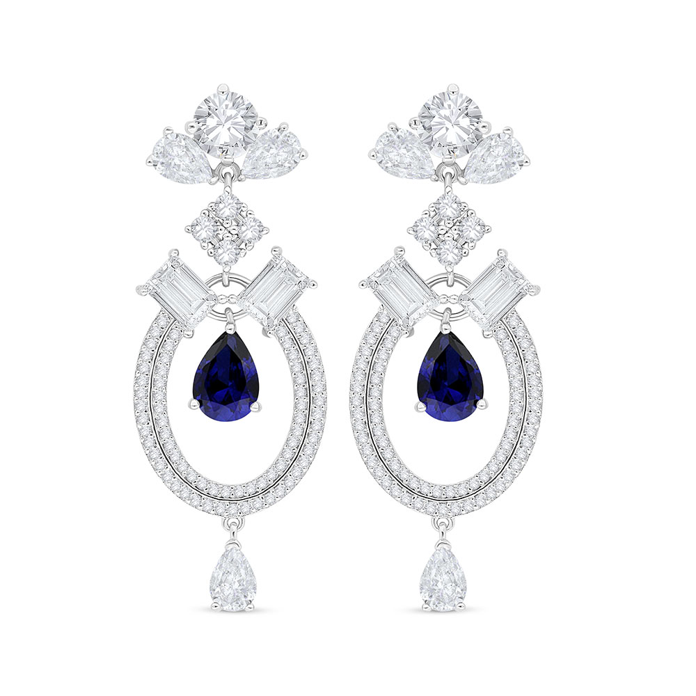 Sterling Silver 925 Earring Rhodium Plated Embedded With Sapphire Corundum And White Zircon