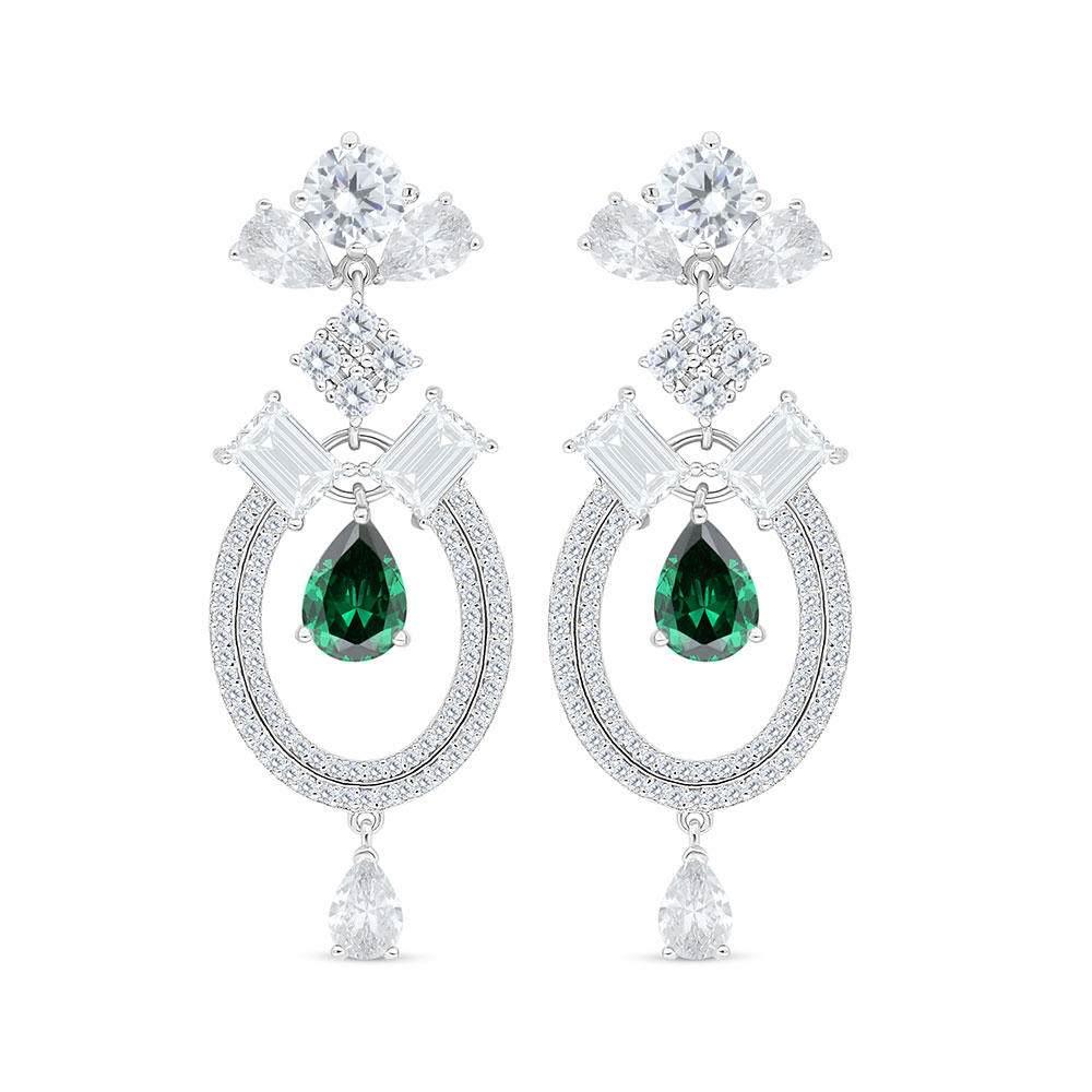 Sterling Silver 925 Earring Rhodium Plated Embedded With Emerald Zircon And White Zircon