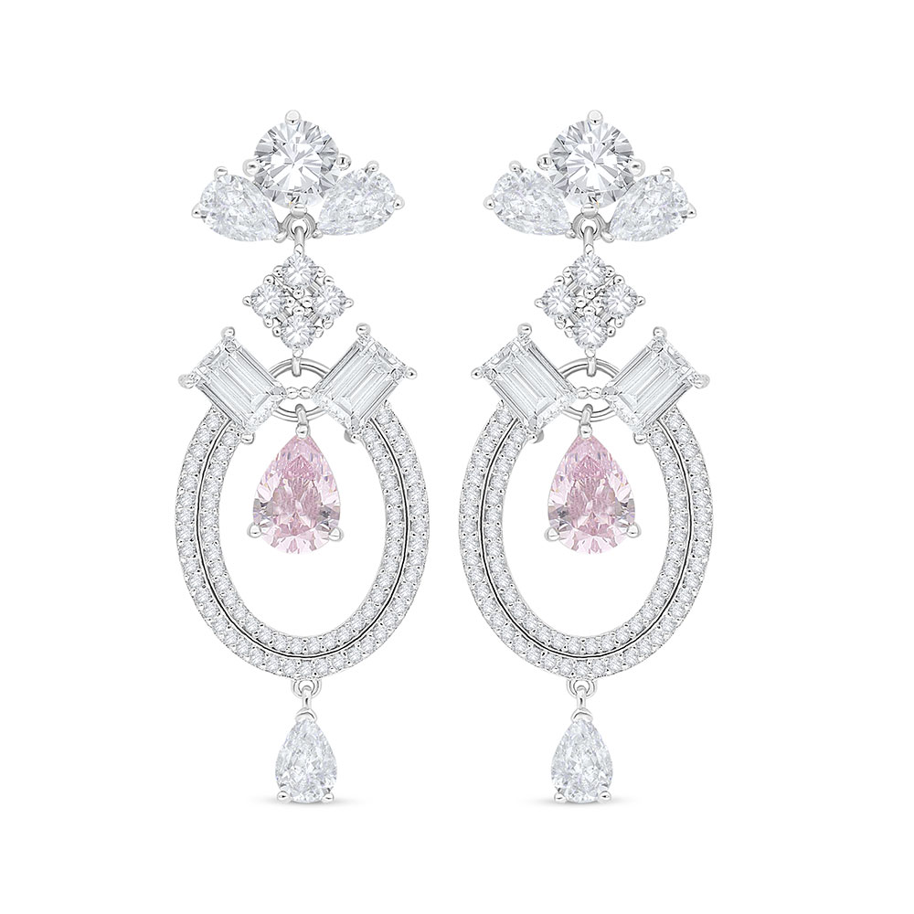 Sterling Silver 925 Earring Rhodium Plated Embedded With Pink Zircon And White Zircon