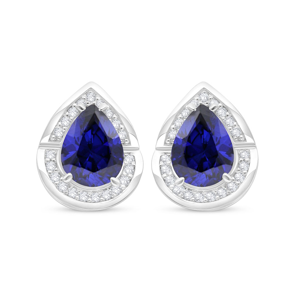 Sterling Silver 925 Earring Rhodium Plated Embedded With Sapphire Corundum And White Zircon