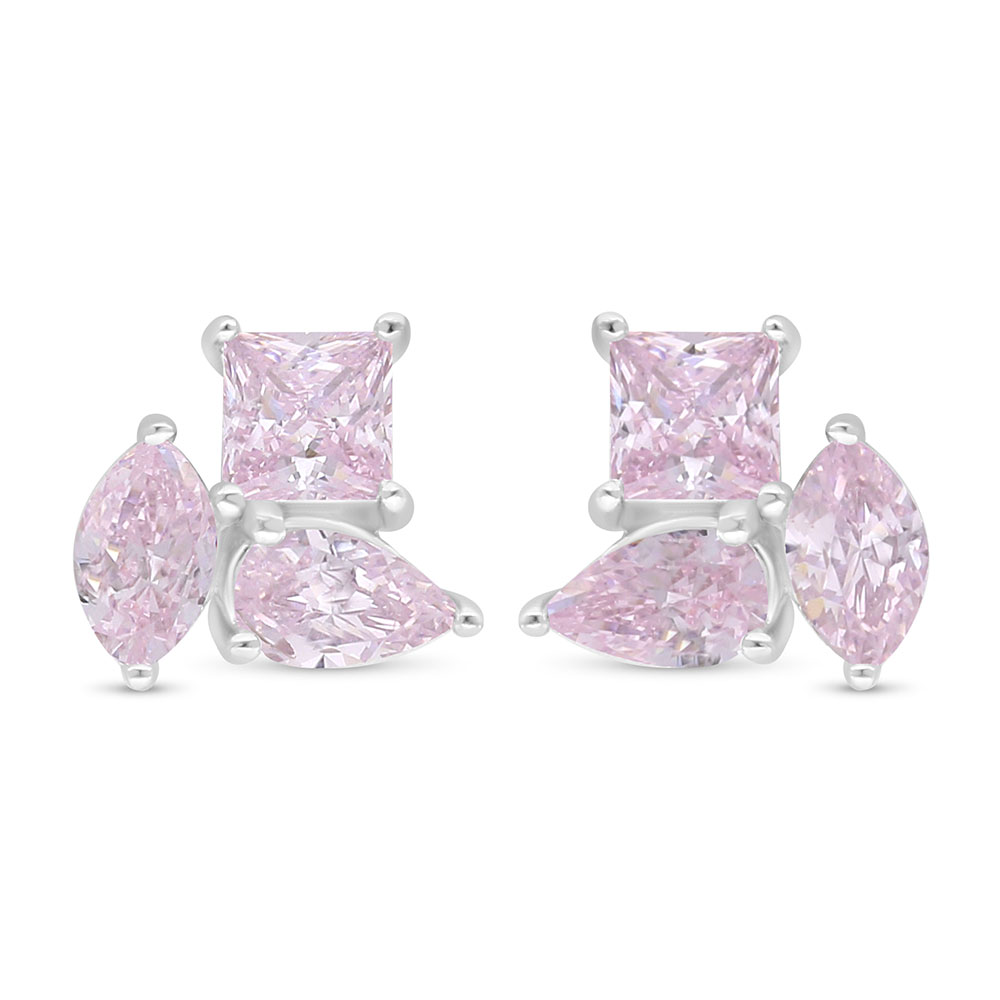 Sterling Silver 925 Earring Rhodium Plated Embedded With pink Zircon And White Zircon