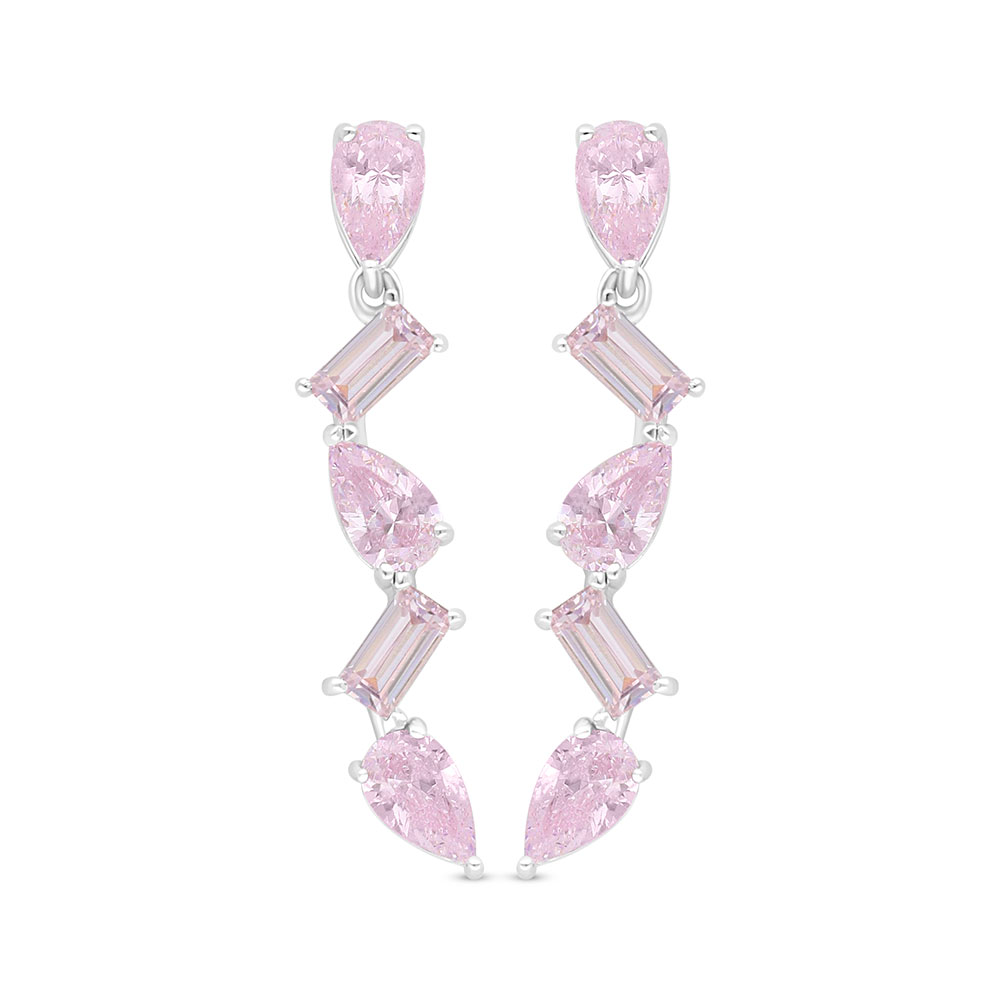 Sterling Silver 925 Earring Rhodium Plated Embedded With pink Zircon 