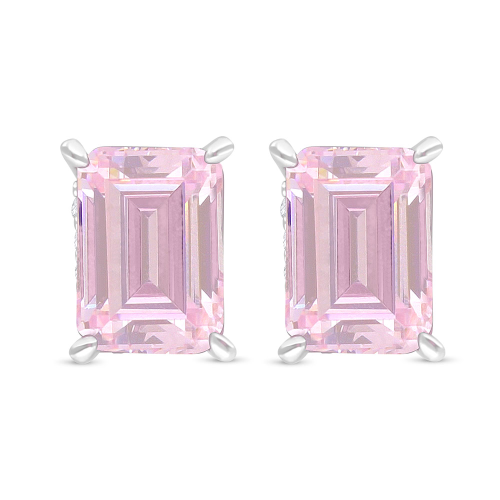 Sterling Silver 925 Earring Rhodium Plated Embedded With pink Zircon And White Zircon