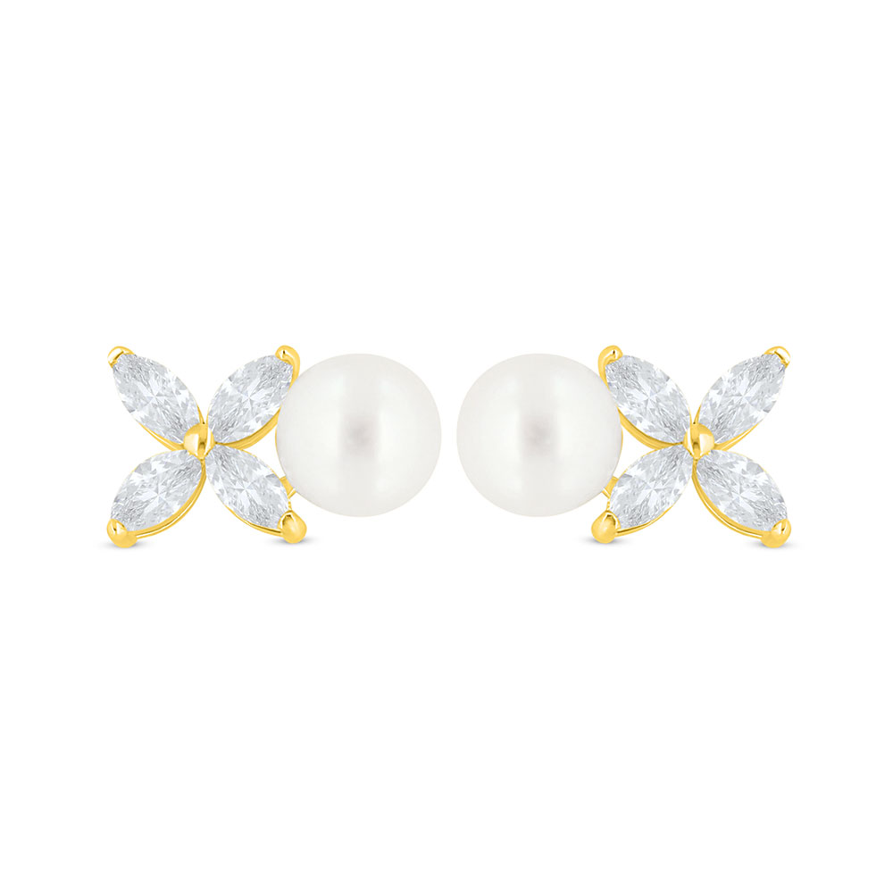 Sterling Silver 925 Earring Golden Plated Embedded With White Shell Pearl And White Zircon